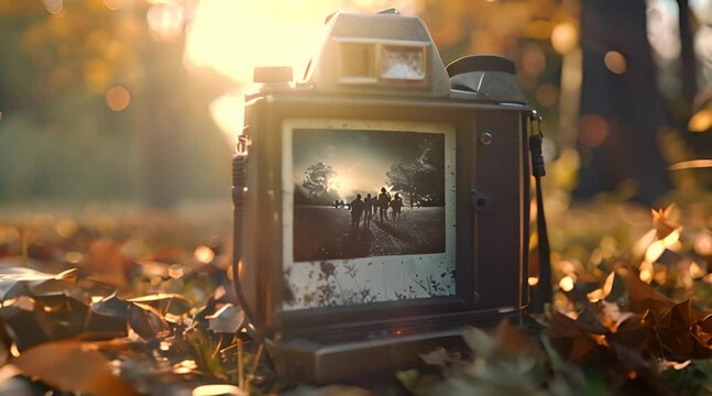 Vintage Camera Capturing Sunset Silhouettes with AI generated.

