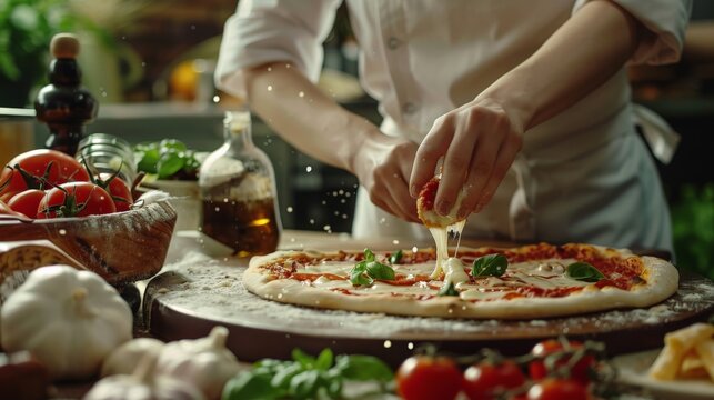 In Restaurant Professional Female Chef Preparing Pizza, Adding Ingredients, Special Sauce, Cheese, Traditional Family Recipe. Authentic Italian Pizzeria, Cooking Organic Food