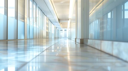 Fototapeta premium Modern Corporate Hallway with Reflective Marble Floors and Natural Light