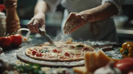  In Restaurant Professional Female Chef Preparing Pizza, Adding Ingredients, Special Sauce, Cheese, Traditional Family Recipe. Authentic Italian Pizzeria, Cooking Organic Food © Sasint