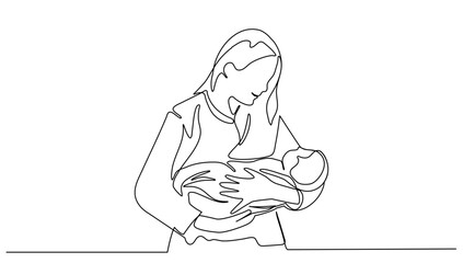 Mother holding newborn her child, Concept happy family one line continuous vector illustration