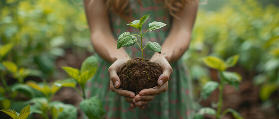 Woman holding plant buds in hands, Arbor Day, esg, ecological protection, soil and buds