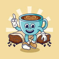 Retro Mascot Character Illustration of Coffee Cup Aha Moment
