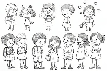 Cartoon cute doodles of children practicing good manners and kindness towards each other in kindergarten, Generative AI