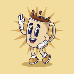 Retro Mascot Character Illustration of Happy Coffee Mug with Recommendations Gesture