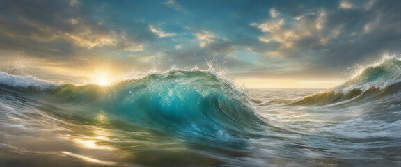 Obraz premium Landscape of ocean wave against a cloudy sky sunset