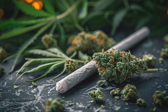 Close-up marijuana joint with trichomes and crushed weed in a grinder