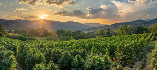 Cannabis or marijuana outdoors plantation growing on the mountains. Wide angle - obrazy, fototapety, plakaty