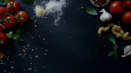 Italian food and ingredients background with, tomatos, garlic, salt, pepper, basil, pasta and spices. Top view, view from above. Copy space. Dark background. - obrazy, fototapety, plakaty
