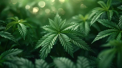 Gordijnen Cannabis or marijuana outdoors plantation growing on the mountains. Wide angle © Vasiliy