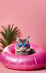 Happy cat swimming in the swimming pool at a pink studio background. Vacation concept.