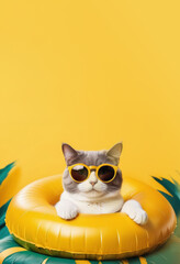 Happy animals cat swimming in the swimming pool on yellow background. Vacation concept.