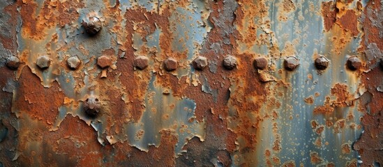A close-up view of a weathered and rusted metal surface scattered with holes and secured with rivets. The texture showcases the effects of oxidation and deterioration over time.