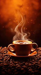A cup of freshly brewed espresso coffee produces white steam with roasted coffee beans scattered around it isolated on a clean dark background created with Generative AI Technology