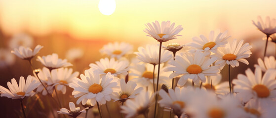 Blooming white Daisy flowers field in the garden with sunset background with soft focus realism style and soft glowing light created with Generative AI Technology