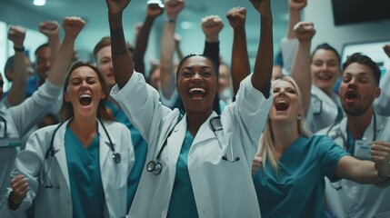 Large diverse multiethnic medical team standing cheering and punching the air with their fists as they celebrate a success or motivate themselves - obrazy, fototapety, plakaty
