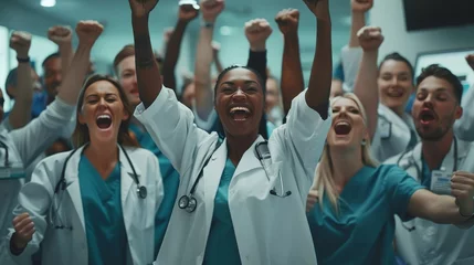 Foto op Canvas Large diverse multiethnic medical team standing cheering and punching the air with their fists as they celebrate a success or motivate themselves © Sasint