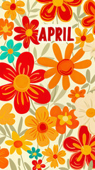 Fototapeta na wymiar Text APRIL lettering on colorful floral groovy background