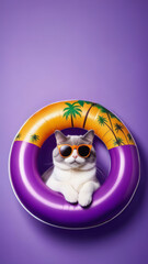 Happy animals cat swimming in the swimming pool on violet background. Vacation concept.