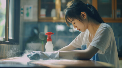 Jovem asiática limpando a cozinha em casa. Conceito de trabalho doméstico.