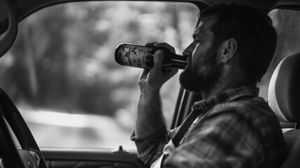 Man holding a beer bottle while driving along the way