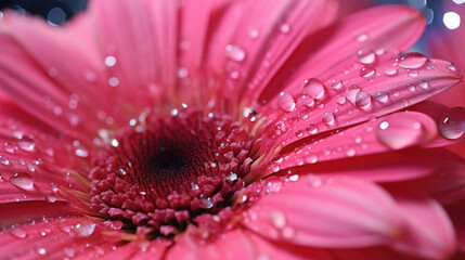 Obraz premium Beautiful close-up of blooming red Gerbera Daisy Flower Petals Sparkling dewdrops on bright background illuminated by morning rays natural lighting golden light