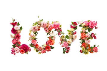 Love Spelled With Flowers on a White Background