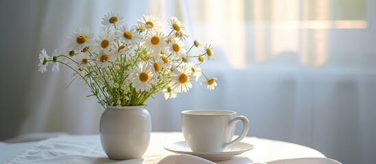 A beautiful vase of daisies and a cup of coffee adorn the table, adding a touch of freshness and elegance to the interior design.