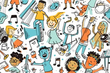 Cartoon cute doodles of kindergarten students exploring different musical instruments and sounds in music class, Generative AI