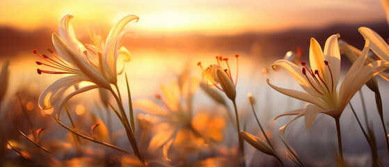 Blooming yellow Lily flowers field in the garden with sunset background with soft focus realism style and soft glowing light created with Generative AI Technology 