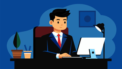 Vector illustration of office worker doing his work in front of the computer in the office.