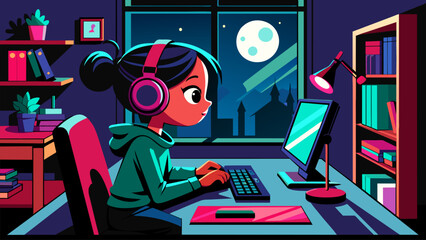 Vector illustration of little girl playing on the computer in her room.