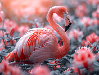 Vibrant Flamingo Amongst Red Flowers