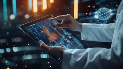 Medicine doctor touching electronic medical record on tablet. DNA. Digital healthcare and network connection on hologram modern virtual screen interface, medical technology and network concept.