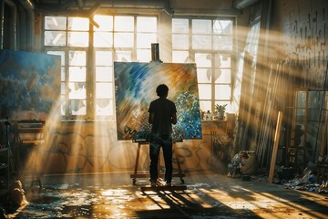 Artist Contemplating Canvas in Sunlit Studio - obrazy, fototapety, plakaty