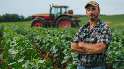 farmer standing with his arms folded across his chest, surveying rows of soybean crops ripening on his plantation, red grain silo and yellow tractor visible in the background
