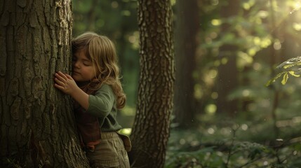 Net zero and carbon neutral concept. Child hugging a tree in the outdoor forest. global problem of carbon dioxide and global warming. Love of nature. greenhouse gas emissions target Climate Neutral - obrazy, fototapety, plakaty