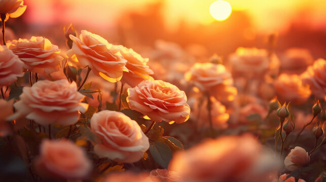 Blooming pink Roses flowers field in the garden with sunset background with soft focus realism style and soft glowing light created with Generative AI Technology