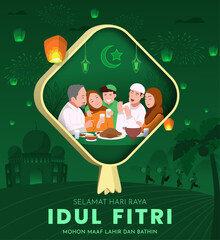 Translation : Happy Eid al Fitr. Happy Moslem Family Eating Together Celebrating Eid Mubarak. Poster Design Vector Illustration