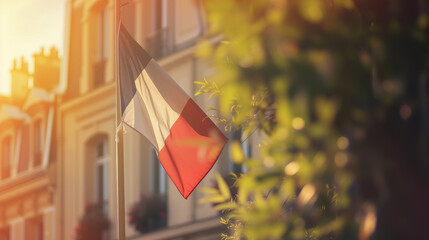 French flag is on house corner, symbol of patriotism with blurred background - obrazy, fototapety, plakaty
