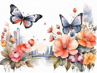 Watercolor illustration of a cityscape with flowers and a butterfly.