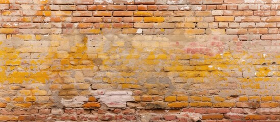 An old brick wall with a rough texture and a faded yellow paint finish. The weathered surface shows signs of wear and tear, with the paint chipping in several places.
