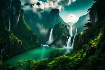 waterfall in the mountains - obrazy, fototapety, plakaty