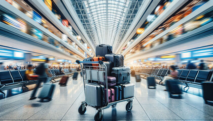 Luggage Cart in Focus at Busy Airport Terminal - obrazy, fototapety, plakaty