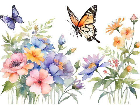 Watercolor flowers and butterfly. Hand painted floral illustration for your design. forbackground