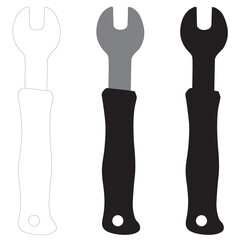Bicycle wrench in silhouette, two tone, and outline
