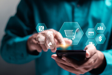 Business ecommerce concept, online purchase, ecommerce store, online business, shopping on the internet. Person use smartphone with online shopping cart icon in website on virtual screen.