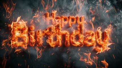 Fire Happy Birthday concept creative horizontal art poster. Photorealistic textured words Happy Birthday on artistic background. Ai Generated Congratulations Horizontal Illustration.