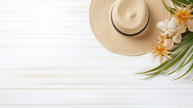 Top view of beach summer accessories fashion background straw hat and flowers on white wooden table with empty space for text created with Generative AI Technology 