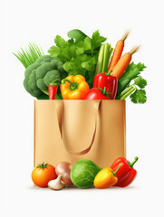 Various fresh vegetables in paper bags from grocery store isolated on white background